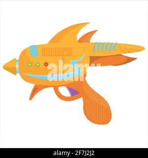 vektor-Konzept Illustration eines Blasters. Waffen für Computerspiele. Mehrfarbige Pistole schießen einen Laserstrahl. Alien Waffen . Stock Vektor