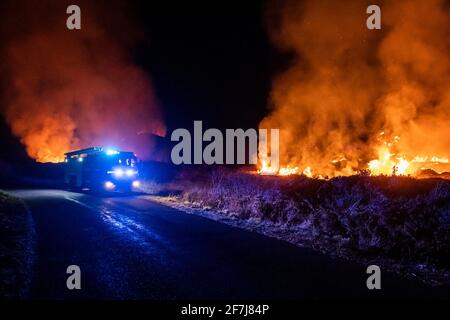 Bantry, West Cork, Irland. April 2021. Ein massives Gorse-Feuer dezimierte Hunderte von Hektar in Seskin, Bantry, durch die Nacht. Drei Einheiten der Bantry Fire Brigade nahmen am Tatort Teil und brachten durch den Einsatz kontrollierter Verbrennungen, Schläuche und Quirle das Feuer unter Kontrolle. Es wird vermutet, dass das Feuer absichtlich ausgelöst wurde. Quelle: AG News/Alamy Live News Stockfoto