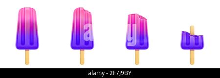 Fruchtlippe mit Bissen, rosa und violettem Eis. Gefrorener Saft auf Holzstäbchen in verschiedenen Phasen des Essens. Vector realistische Set von Sommer kalt Dessert isoliert auf weißem Hintergrund Stock Vektor