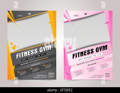 Pink, Orange und Schwarz Farbe Fitness Bodybuilding und Fitness-Flyer A4 Größe Vorlage kreatives Design mit Foto. Stock Vektor