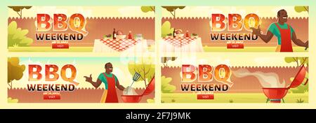 Flyer zum BBQ-Wochenende. Einladungsbanner zur Grillparty mit schwarzem Mann kocht Fleisch auf dem Grill. Vektor-Poster mit Cartoon-Illustration von Picknick mit Grill auf Sommerrasen im Park oder Garten gesetzt Stock Vektor