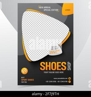 Schuhe Flyer orange schwarz A4 Größe Poster Banner kreatives Design Mit Fotoraum und Angebot Stock Vektor