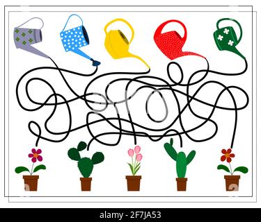 Ein Puzzle-Spiel für Kinder. Gehen Sie durch das Labyrinth, die Gießkanne, die gießt. Gartengeräte, Topfblumen. vektor Stock Vektor