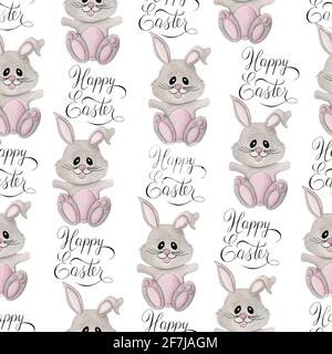 Ostern wiederholen Muster mit niedlichen Cartoon Hase und Hand-Schriftzug Happy Easter Text, Aquarell Ostern Illustration für Stoff, Verpackung oder Hintergründe Stockfoto