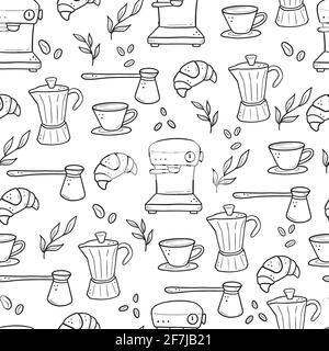 Hand gezeichnet nahtlose Muster von verschiedenen Arten Kaffeetasse, Tasse, Topf, Kaffeemaschine. Doodle-Skizzenstil. Isolierte Vektor-Illustration für Coffee Shop, Café-Tapete, Hintergrund, Textil-Design. Stock Vektor