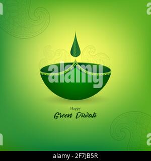 Fröhliches grünes Diwali-Banner mit grünem Diya-, Blatt- und Paisley-Design auf grünlichem Hintergrund. Stock Vektor