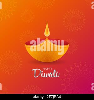 Happy Diwali Hintergrund mit Diya und Musterdesign auf buntem Orange Hintergrund. Stock Vektor