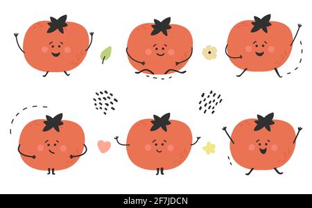 Handgezeichnete niedliche lustige fröhliche rote Tomaten-Set. Kindisch fröhlicher Charakter. Gesunde Obstsammlung. Süß und lecker. Vektorgrafik Stock Vektor