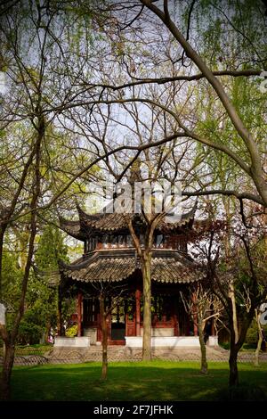 Ecke des alten Pavillons mit vielen Ästen im traditionellen Garten von Suzhou bedeckt. Stockfoto