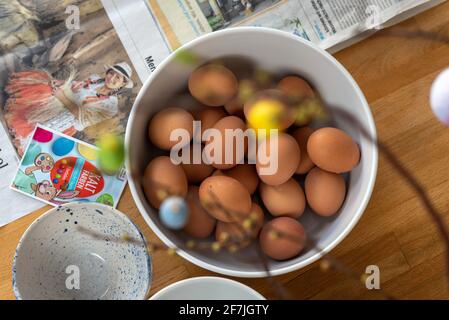 Magdeburg, Deutschland. April 2021. Braune Hühnereier liegen in einer weißen Schüssel. Daneben ist Ostereierfarbe zu sehen. Quelle: Stephan Schulz/dpa-Zentralbild/ZB/dpa/Alamy Live News Stockfoto