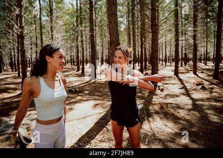 Zwei Freundinnen laufen im Wald beim Training Stockfoto