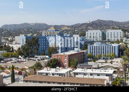 Allgemeine Luftaufnahme der Scientology-Kirche, Montag, 5. April 2021 in Los Angeles. (Dylan Stewart/Image of Sport) Stockfoto