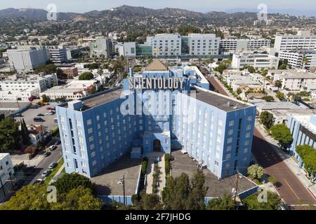 Allgemeine Luftaufnahme der Scientology-Kirche, Montag, 5. April 2021 in Los Angeles. (Dylan Stewart/Image of Sport) Stockfoto