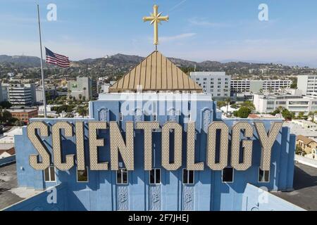 Allgemeine Luftaufnahme der Scientology-Kirche, Montag, 5. April 2021 in Los Angeles. (Dylan Stewart/Image of Sport) Stockfoto