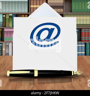 3D-Darstellung. Umschlag mit Buchstaben symbolisiert e-mail mit Brunnen im Vordergrund. Stockfoto
