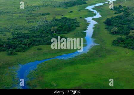 Luftlandschaft im Okavango Delta, Botswana. Seen und Flüsse, Blick vom Flugzeug. Grüne Vegetation in Südafrika. Bäume mit Wasser in der Regenzeit Stockfoto