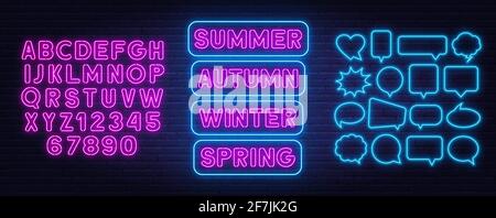 Neonschilder für Sommer, Frühling, Herbst und Winter. Leichte Inschrift der Jahreszeiten. Pinkes Neon-Alphabet und blauer Sprechblasenrahmen. Stock Vektor