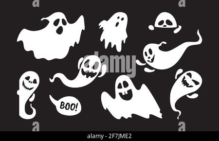 Niedliche Geist Urlaub Zeichen flachen Stil Design Vektor Illustration Set isoliert auf schwarzem Hintergrund. Halloween boo gruseliges Symbol, das über dem Schwarzen fliegt Stock Vektor