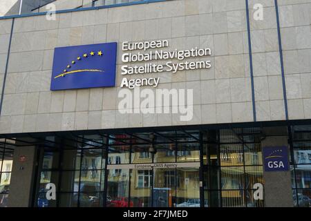 Prag, Tschechische Republik - Juli 13 2019: Gebäude des Hauptquartiers der European Global Navigation Satellite Systems Agency (GSA GNSS), Galileo-Navigationssystem Stockfoto