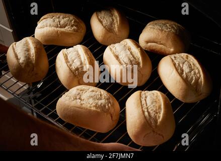 Von oben Erntegut Person, die Rack mit Brot gerollt Brötchen Mit goldener Kruste aus dem Ofen Stockfoto