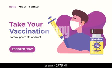 Landing Web Page Vorlage für die Registrierung von Impfungen. Modernes flaches Design Web-Banner von Patienten nehmen Impfstoffinjektion und Impfstoffflasche Vektor-illus Stock Vektor
