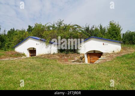 Historische mährische Weinkeller mit blauem Dach und weißer Fassade, Straznice, Tschechische Republik Stockfoto