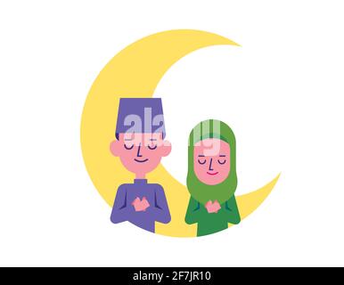 Hari Raya Aidilfitri. Muslimischer Mann und Frau dankbar zusammen mit den Händen auf der Brust. Malaiische Paar Segen mit großen Mond Hintergrund - Vektor-Charakter Stock Vektor