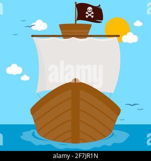 Piratenschiff mit weißen Segeln und Möwe und gekreuzten Knochen Flagge Segeln auf dem Meer. Stockfoto