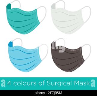 Set aus 4 verschiedenen Farben der chirurgischen Schutzmaske, um Coronavirus zu verhindern. Medizinische Maske von blauer Farbe zum Schutz vor Grippe und anderen Krankheiten Stock Vektor