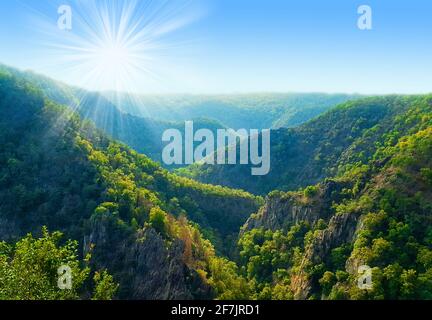 Harz Nationalpark niedrige Bergkette Urlaub Natur Wald Bodetal Einschnitt Sonne Wald Wildnis Schönheit Wald Baden Natur Öko Umwelt pro Stockfoto