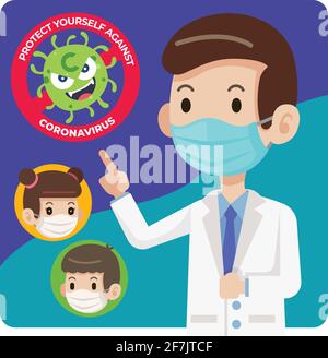 Arzt trug eine schützende OP-Maske und sagte den Leuten, sie zu tragen Chirurgische Maske zum Schutz vor Virus Coronavirus Covid-19 - Vektor Zeichen Stock Vektor