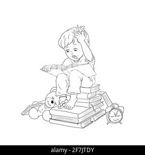 Der kleine Leser sitzt barfuß auf einem Bücherhaufen in der Nacht. Er zieht sich die Haare heraus und ist wirklich begeistert, was er liest. Faszination lesen Stockfoto