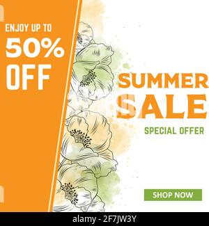 Sommer Sale Banner-Vorlage mit Mohnblumen. Vorlage für Verkaufsanzeigen für die Website, soziale Medien, Shop, Flyer und mehr. Stock Vektor