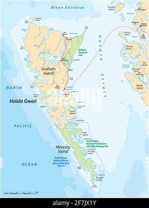 Karte des Haida Gwaii Archipels vor der Küste von British Columbia, Kanada Stock Vektor