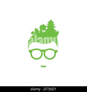 Silhouette des Mannes Kopf in Hipster Brille mit Wald in Haar . Grüner Avatar mit Bäumen. Ökologie und Naturliebe. Umweltfreundlich. Grünes Konzept. Ist Stock Vektor