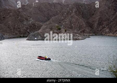 Al Rafisah Damm, Khorfakkan, Vereinigte Arabische Emirate 22. März 2021, die Aussicht und um den Al Rafisah Damm, in der Nähe von Wadi Shis in den Hajar Bergen Stockfoto