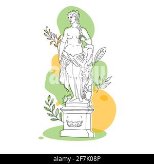 Statue der antiken griechischen Göttin in einer durchgehenden Linie. Vektorgrafik. Moderne Zeichnung. Park im Sommer.oneline-Stil. Stock Vektor
