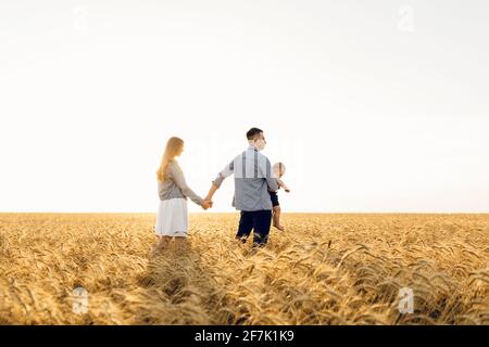 Glückliche Familie auf Weizenfeld bei Sonnenuntergang mit einem großen Zeit zusammen in der Natur Stockfoto