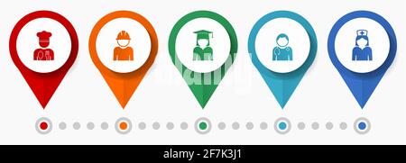 Menschliche Berufe, Jobs Konzept Vektor Icon Set, flaches Design Zeiger, Infografik Vorlage Stock Vektor