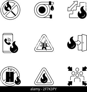 Brandschutzrichtlinien, schwarze lineare Symbole gesetzt Stock Vektor