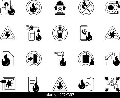 Schwarze lineare Symbole für den Brandschutz Stock Vektor