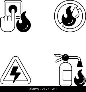 Anweisungen zu Brandgefahren, schwarze lineare Symbole gesetzt Stock Vektor