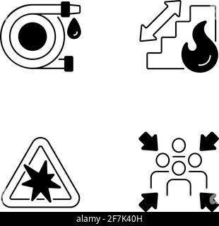 Büro Brandschutzanweisungen schwarz lineare Symbole gesetzt Stock Vektor