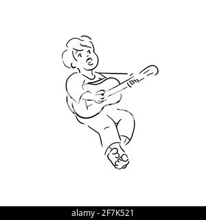 Junge Sitzend Barfuß Gitarre Spielen Unplugged Song Sing Devotion Love Kinderbuch Illustration Musiker Musik Design Vektor Logo Schwarz Weiß Stockfoto