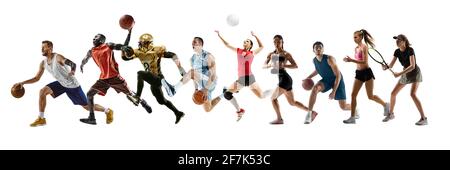 Collage von verschiedenen professionellen Sportlern, passen Menschen in Aktion und Bewegung isoliert auf weißem Hintergrund. Flyer. Stockfoto