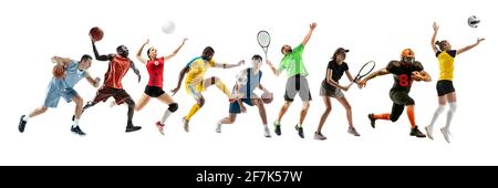 Collage von verschiedenen professionellen Sportlern, passen Menschen in Aktion und Bewegung isoliert auf weißem Hintergrund. Flyer. Stockfoto