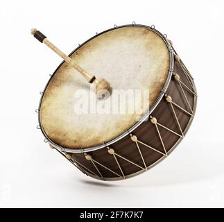 Generische traditionelle Ramadan Trommel und Stick isoliert auf weißem Hintergrund. 3D-Illustration. Stockfoto