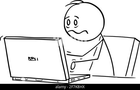 Gestresste oder müde Büroangestellte, Mann oder Geschäftsmann, der am Computer arbeitet, Vektorgrafik Cartoon Stick Abbildung Stock Vektor