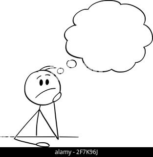 Mann oder Geschäftsmann, der hinter dem Schreibtisch sitzt und nach einer Antwort auf die Frage denkt, Vektorgrafik Cartoon Stick Figure Illustration Stock Vektor