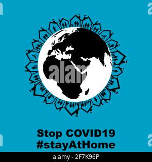 Erdkugel mit Familien in Häusern, zu Hause bleiben Konzept Stock Vektor